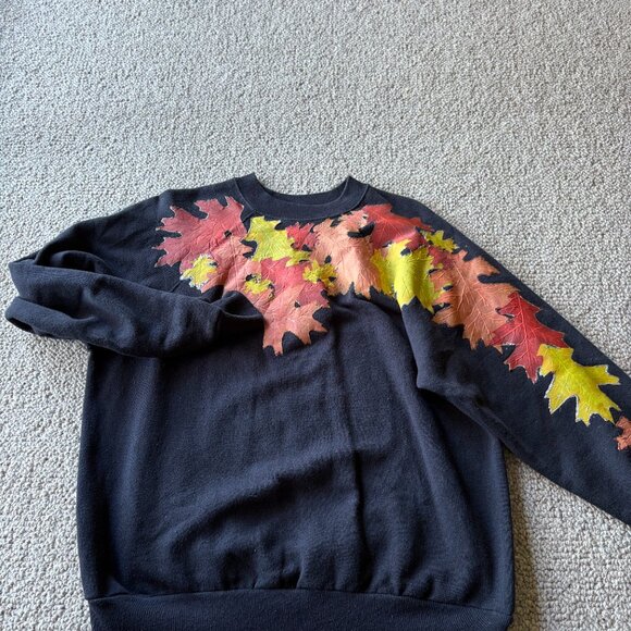 Vintage Tultex Fall Leaves Sweatshirt L Black Handmade Cozy Autumn Vibes 🍁 - Picture 7 of 9